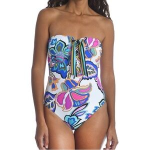 Trina Turk Mandalay Floral Lace Up Grommets Bandeau One Piece Swimsuit